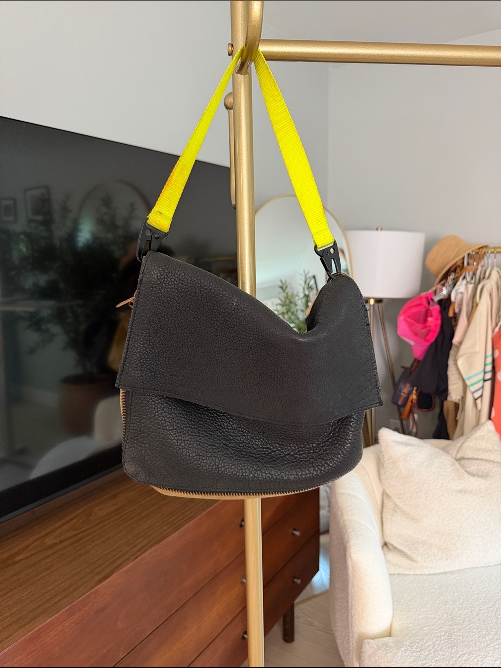 Black Pebbled Leather Shoulder Bag with Yellow Strap